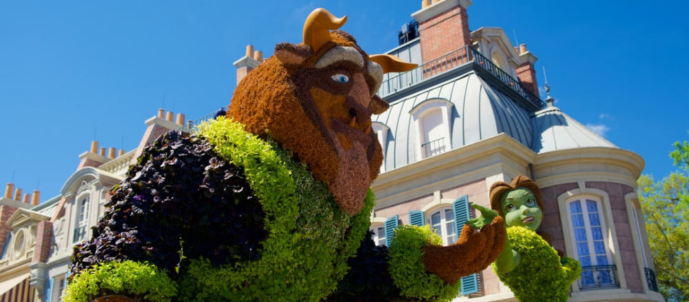 Beauty and Beast topiary in World Showcase at EPCOT