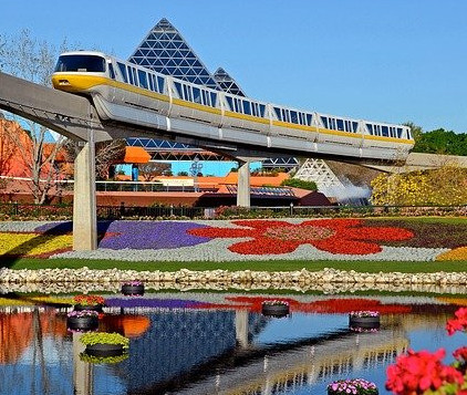﻿﻿Monorail yellow in EPCOT Land Pavillion during Flower and Garden Festival