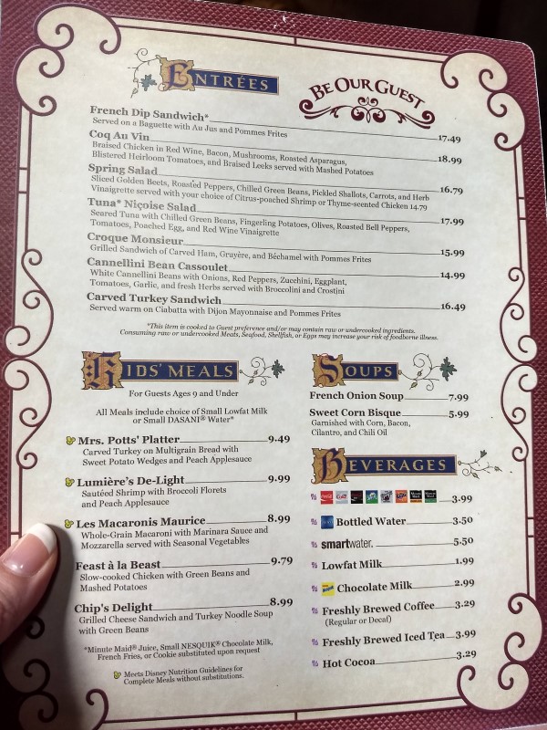 Front page of menu at Be Our Guest Restaurant