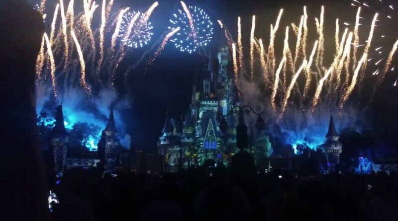 Fireworks over Cinderella Castle with castle projections